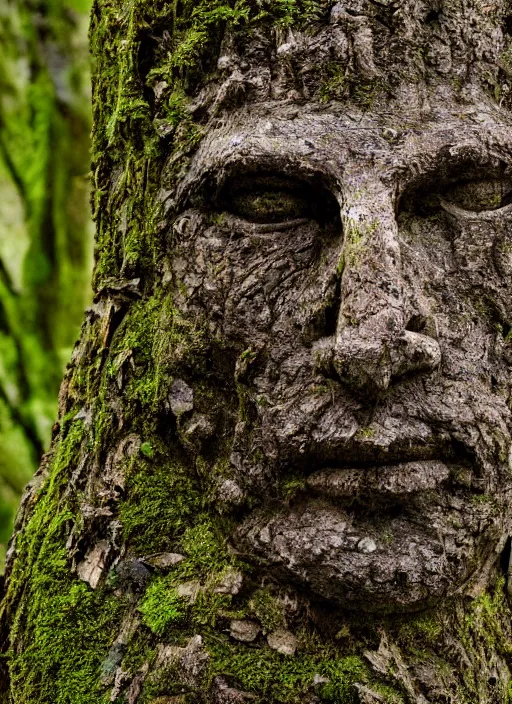 Image similar to photograph of hyperrealistic detailed ancient face in the shape of a tree covered with bark and moss, in a mysterious forest