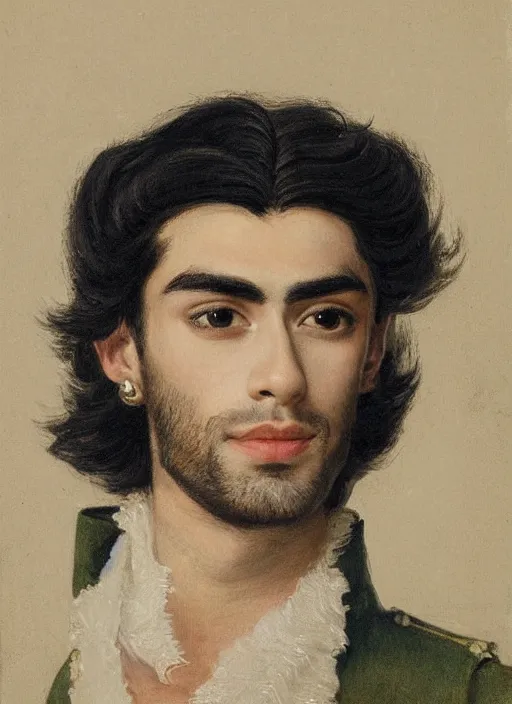 Image similar to portrait of zayn malik as an elf by henriette ronner - knip, only one head single portrait, pointy ears, wearing a black leather napoleonic military jacket