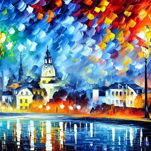 Prompt: painting of a cityscape with blue and white buildings by leonid afremov