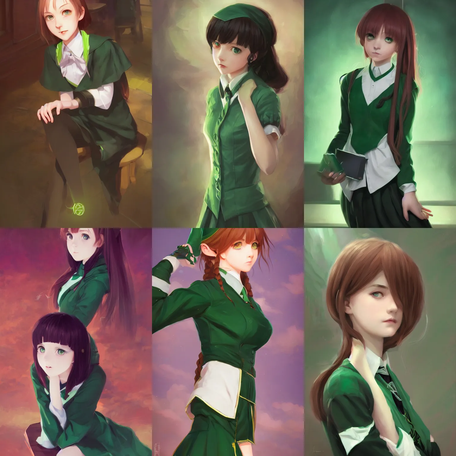 Prompt: a portrait of a cute young female Slytherin student, Hogwarts setting, vivid colors, soft lighting, atmospheric, cinematic, moody, in the style of Ilya Kuvshinov and Range Murata, Krenz Cushart, rule of thirds, oil on canvas, 8k