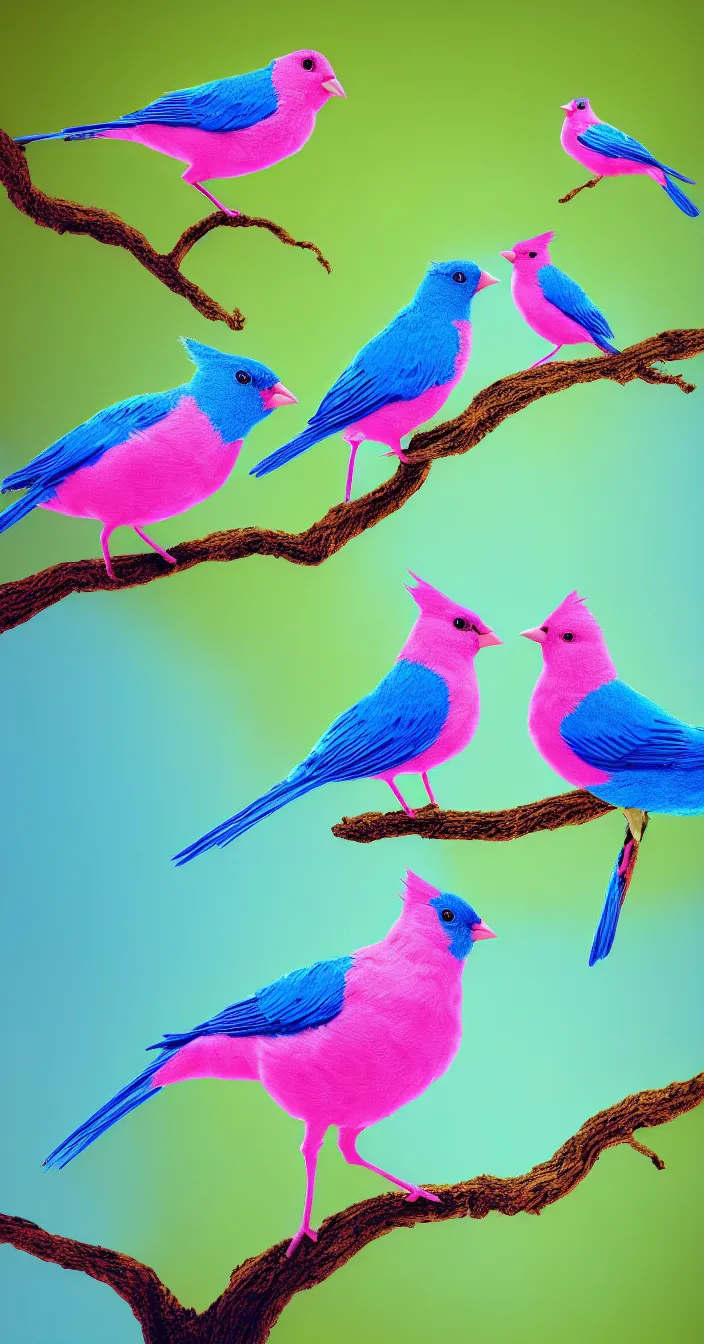 Prompt: highly detailed realistic photo of pink and blue colored birds sitting on tree, green smooth background, vibrant colors, award winning masterpiece photography, hyper realistic, concept art, 8 k detail post - processing