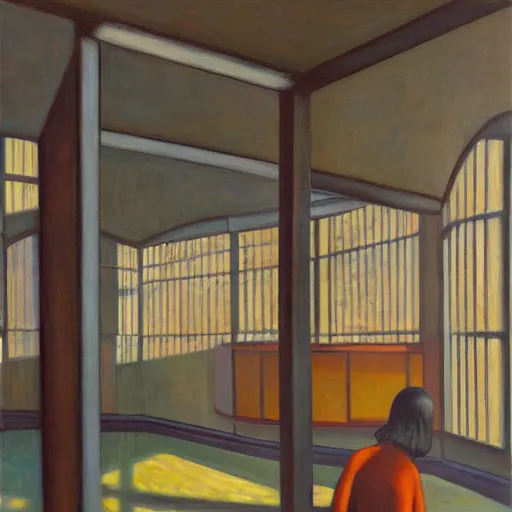 Prompt: first person view of a stark concrete maze, soy sauce brewery, grant wood, pj crook, edward hopper, oil on canvas