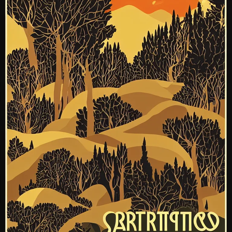 Prompt: art - deco travel poster for a beautiful forest by petros afahar