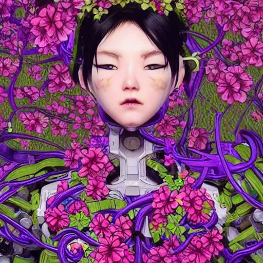 Image similar to colourful vfx art - portrait of army mecha robot wrapped in flowers & vines, art by utagawa kunisada & james jean, volumetric light, ray tracing, sharp, detailed, digital painting, illustration, highly detailed, intricate detail, unreal engine, octane render, global light, pinterest, behance, art station,