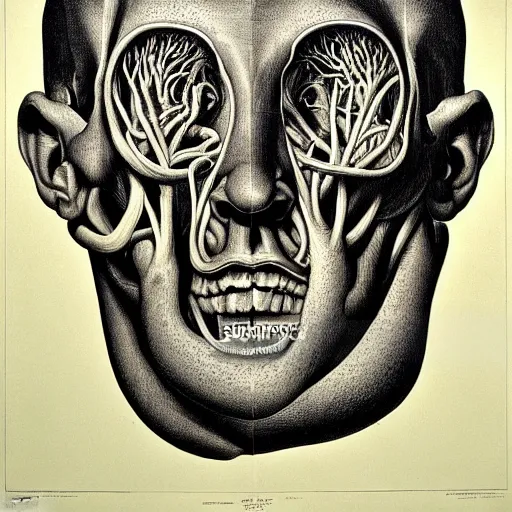 Image similar to surreal head anatomical atlas dissection center cut, lithography on paper conceptual figurative ( post - morden ) monumental dynamic soft shadow portrait drawn by hogarth and escher, inspired by goya, illusion surreal art, highly conceptual figurative art, intricate detailed illustration, controversial poster art, polish poster art, geometrical drawings, no blur