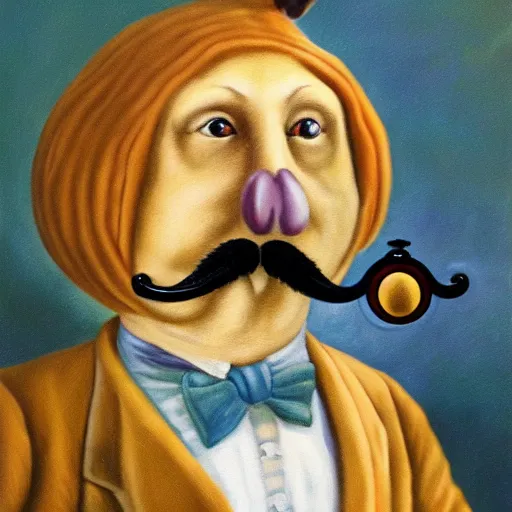 Prompt: a humanoid chicken butler with a fancy mustache and a monocle, highly detail, oil painting , accurate anatomy,