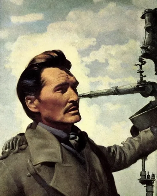 Image similar to Errol Flynn as a scientist. 1980s dystopian Soviet Russia, propaganda screens. Unreal engine, fantasy art by Greg Rutkowski, Gustave Courbet, Rosa Bonheur, Edward Hopper, Ilya Yefimovich Repin, Jean-François Millet, Andrew Newell Wyeth. Faithfully depicted facial expression, perfect anatomy global illumination, radiant light, detailed and intricate environment