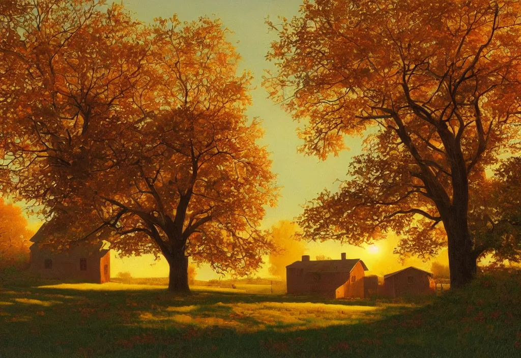 Prompt: a landscape painting of an old farm house in the countryside, autumn, painting by kenton nelson, dusk light, nice sunset, autumn leaves blowing off trees in the wind