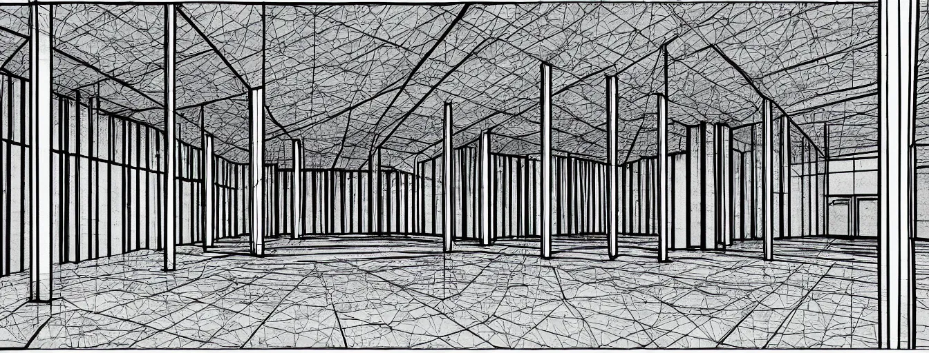 Prompt: futuristic black and white perspective illustration of a very dark room inside a brutalist building, fisheye view concrete hangar inside, minimal technical drawing