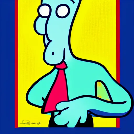 Image similar to handsome squidward as male, colorful pop art style