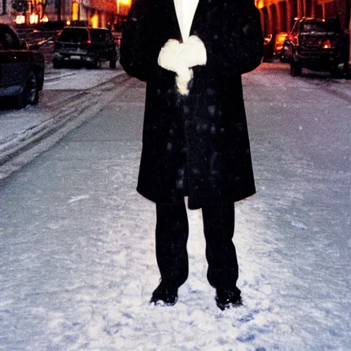 Prompt: 1 9 9 8 andy richter wearing a black wool coat and necktie standing on the streets of chicago at night in winter, holding shopping bags, dynamic lighting, holiday season.