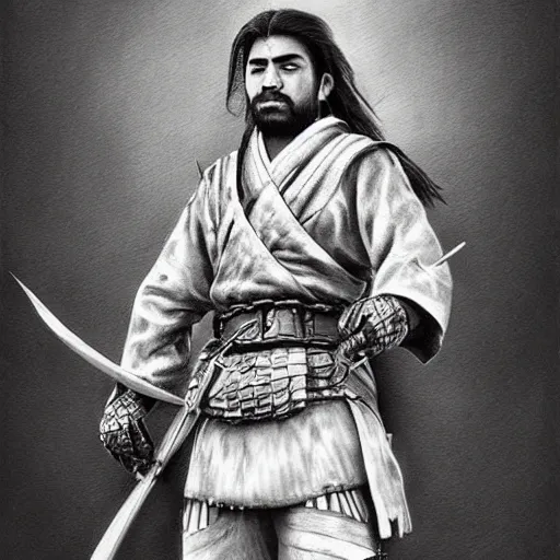 Prompt: Kurdish samurai, extremely detailed charcoal sketch, realistic, incredibly detailed, award winning art, cinematic, extremely high detail, concept art, 4k fantasy art, trending on artstation, full body shot