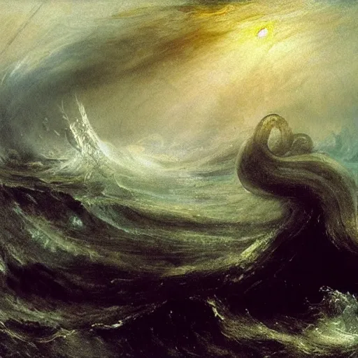 Prompt: giant octopus monster with long tentacles wildly thrashing around in the waves of a stormy ocean, nightmares by jmw turner