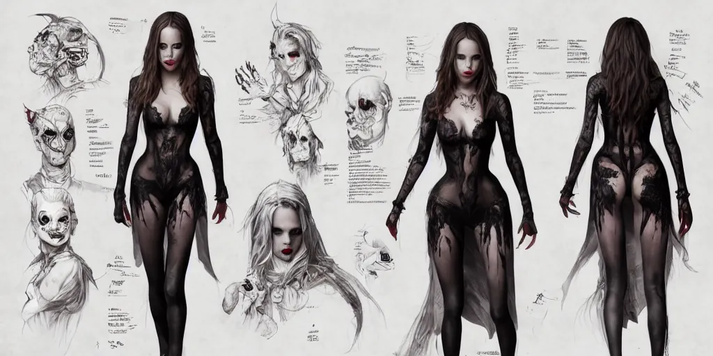 Image similar to halston sage as a tattooed vampire, character sheet, concept design, contrast, hot toys, kim jung gi, greg rutkowski, zabrocki, karlkka, jayison devadas, trending on artstation, 8 k, ultra wide angle, pincushion lens effect