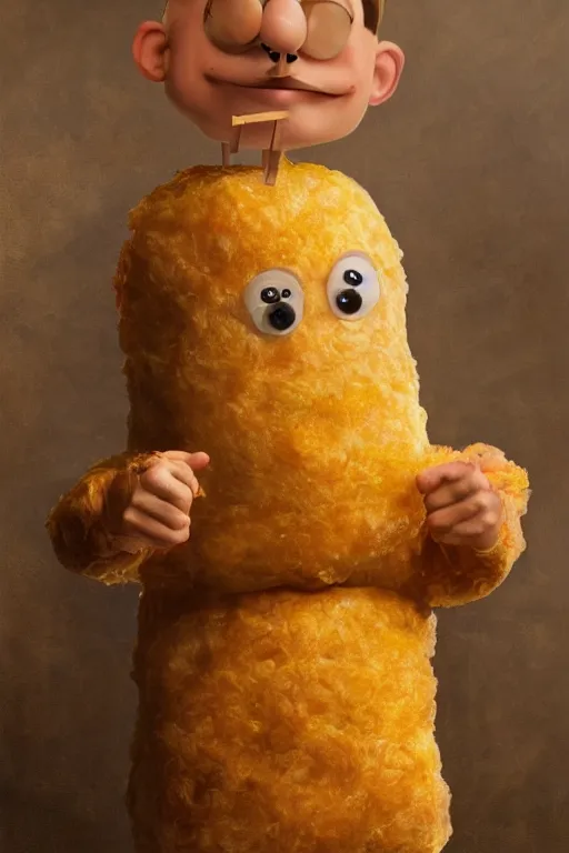 Image similar to channing tatum wearing a tater tot costume, oil on canvas, intricate, 8 k highly professionally detailed, hdr, cgsociety