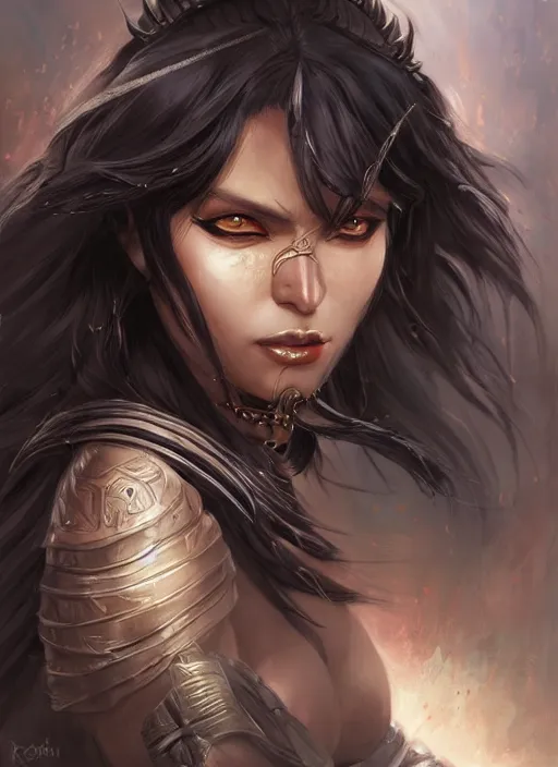 Image similar to beautiful warrior lady, black long hair, practical armor, brown skin, demonic eyes, low fantasy, extremely detailed, sharp focus, smooth, digital illustration, by rossdraws, frank franzzeta, sakimichan