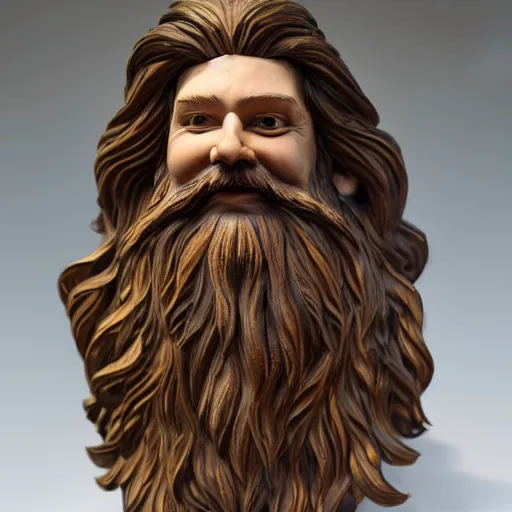 Prompt: a flawless, purely wood sculpture of a man with long hair, with trimmed beard, smiling widely. wood statue, extremely detailed, award-winning art, trending on Artstation