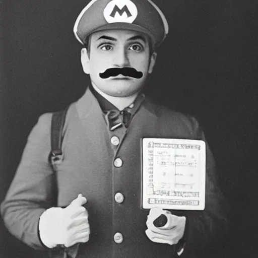 Image similar to Nintendo's Mario dressed as a plumber at the Ellis Island immigration office happily acquiring his citizenship, daguerreotype portrait