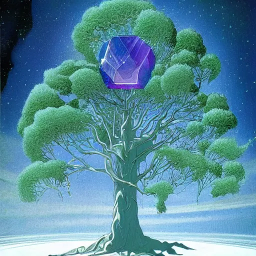 Prompt: a large tree growing from a crystal that is floating in space, by moebius