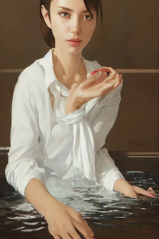 Image similar to a ultradetailed beautiful portrait panting of a stylish woman sitting in a bath, she is wearing a white shirt with a tie, oil painting, by ilya kuvshinov, greg rutkowski and makoto shinkai