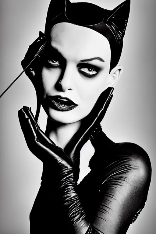 Prompt: photograph of Catwoman by Peter Lindbergh, portrait,