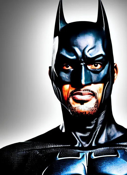 Prompt: of a photo of will smith as batman with a serious face looking at the camera, f 2. 8