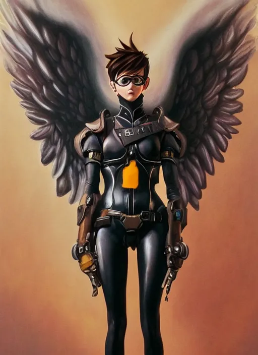 Image similar to full body artwork of tracer overwatch, wearing leather outfit, in style of zdzisław beksinski, angel wings, dramatic painting, symmetrical composition, wearing detailed steel collar, black shiny armor, chains, black harness, detailed face and eyes,