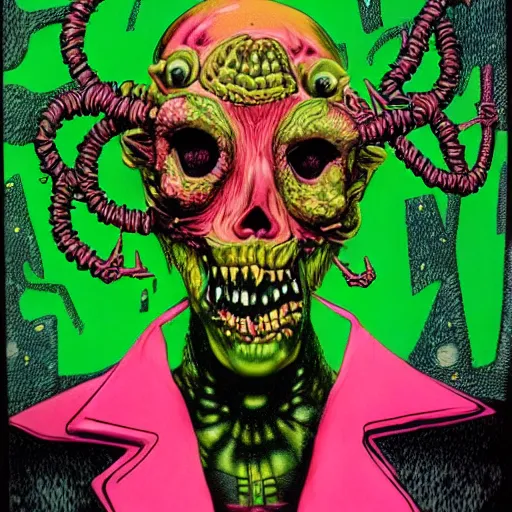 Image similar to garbled monstrosity, 1983 punk art, painted cover abject horror, dark pink and green, detailed, intricate, bizarre, bright, 80s sci fi weird artwork, dystopian