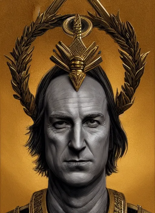 Image similar to symmetry!! portrait of bob odenkirk in cement, with a gold laurel wreath on head, dramatic rendering, fantasy, medieval wear, intricate, elegant, highly detailed, digital painting, artstation, concept art, smooth, sharp focus, illustration, art by artgerm and greg rutkowski