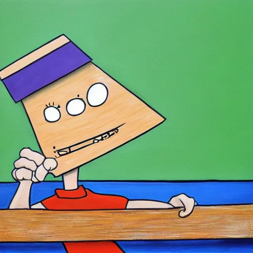 Prompt: photorealistic painting of plank from ed, edd n eddy with a sad face sitting on a bench
