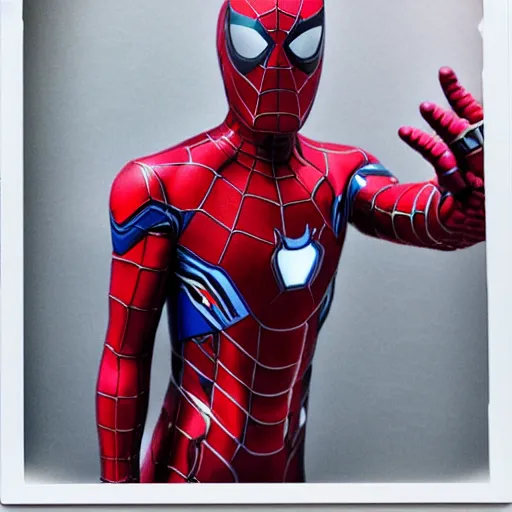 Image similar to a single iron man and spider - man hybrid, dslr, polaroid