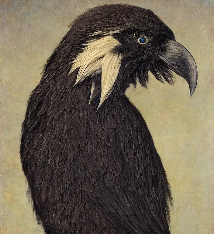 Image similar to a breathtakingly stunningly beautifully highly detailed portrait of a majestic raven, by rosetti and devinci and michael cheval and sidney cooper and turner, 4 k