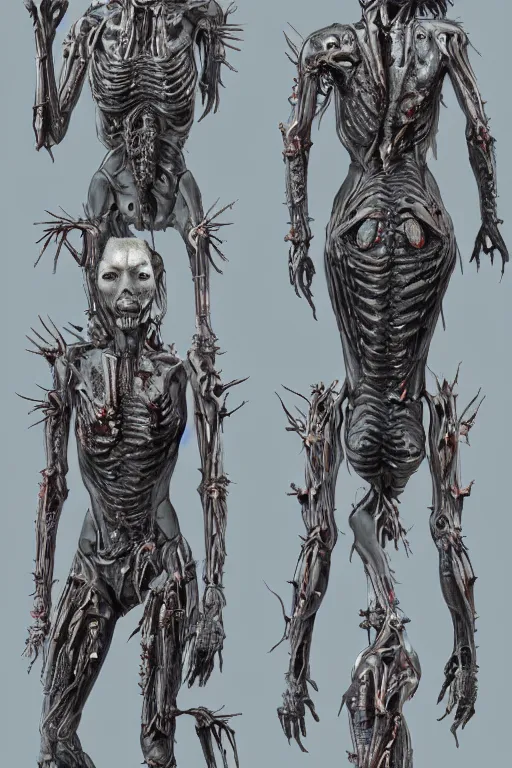 Image similar to cyborg zombie queen with gunmetal grey skin, medical anatomy, very symmetrical face, highly detailed, mecha, three - perspective / three - view reference sheet ( front / back / side ), in the style of james gurney, dan ouellette, hr giger, sil from species, dren from splice, biomechanical, artstation, unreal engine