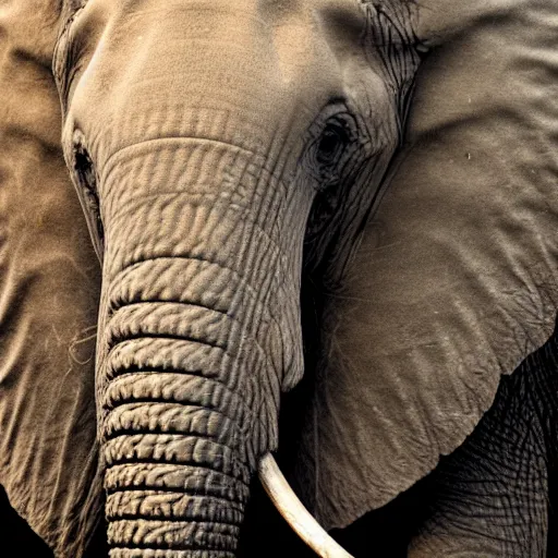 Image similar to a detailed, close - up photograph of an elephant with tiger skin