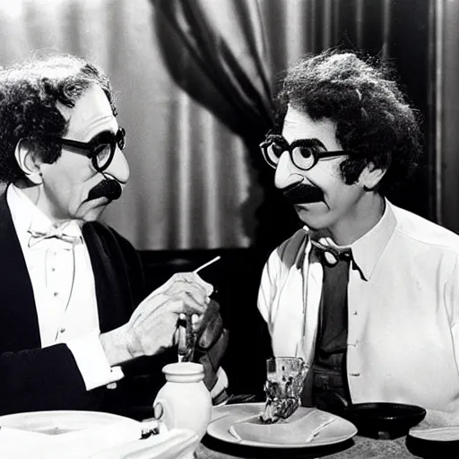 Image similar to harpo marx dines with groucho marx at a fancy restaurant