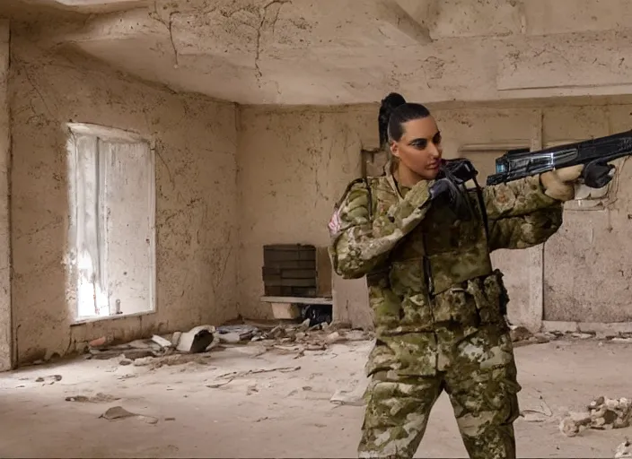 Image similar to a film still of kim kardashian as a soldier firing a rifle, open neckline, backround : abandoned school interior