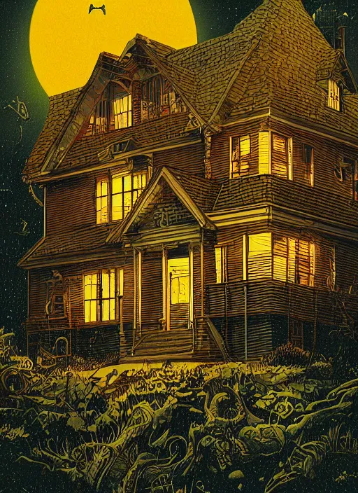 Prompt: house from The Amityville Horror (1979), Kilian Eng, Dan Mumford, detailed