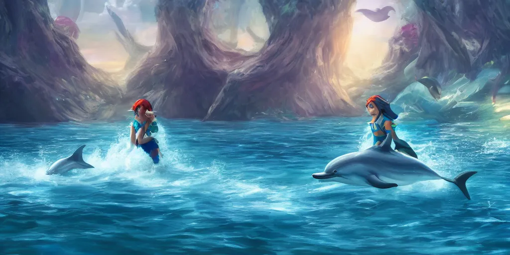 Prompt: Zora from Zelda swimming with the dolphins | Featured on Artstation, Fantasy, professional art, 8k Ultra Resolution, HD wallpaper