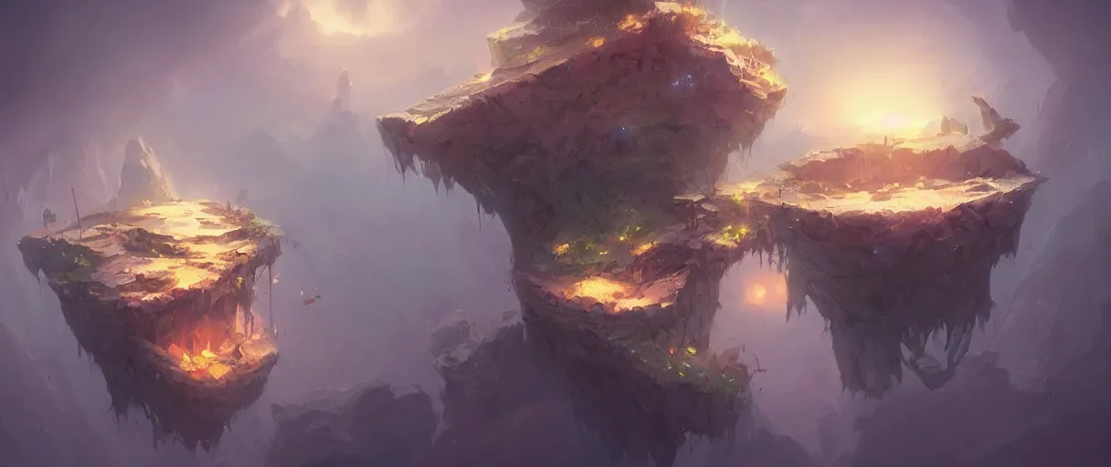 Prompt: floating islands in void concept art, low angle, cinematic, style of Jordan grimmer