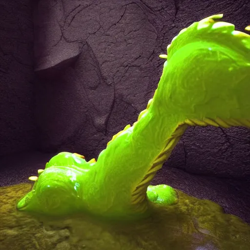 Prompt: a dragon made of slime, close up, green gas, exquisite detail, cinematic lighting, cave background, in the style of digital art