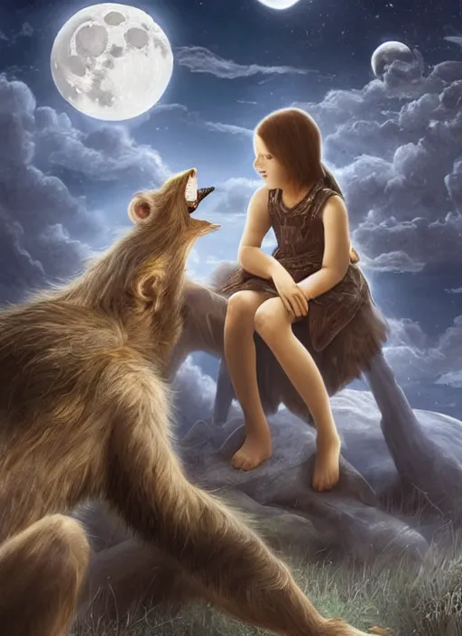 Prompt: a werewolf and a human child sitting next to each other, looking at the moon, fantasy art, matte painting, highly detailed