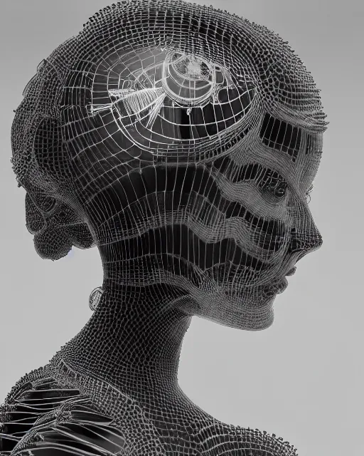 Prompt: mythical dreamy black and white organic bio-mechanical spinal ribbed profile face portrait detail of translucent steampunk mechanical beautiful female angelic-human-queen-realistic-cyborg, highly detailed, intricate crystal jelly ornate, poetic, 3D render, digital art, octane render, 8K artistic photography, photo-realistic, by Dora Maar