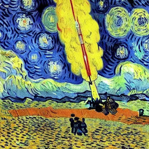 Image similar to a painting of a space ship launching by van gogh