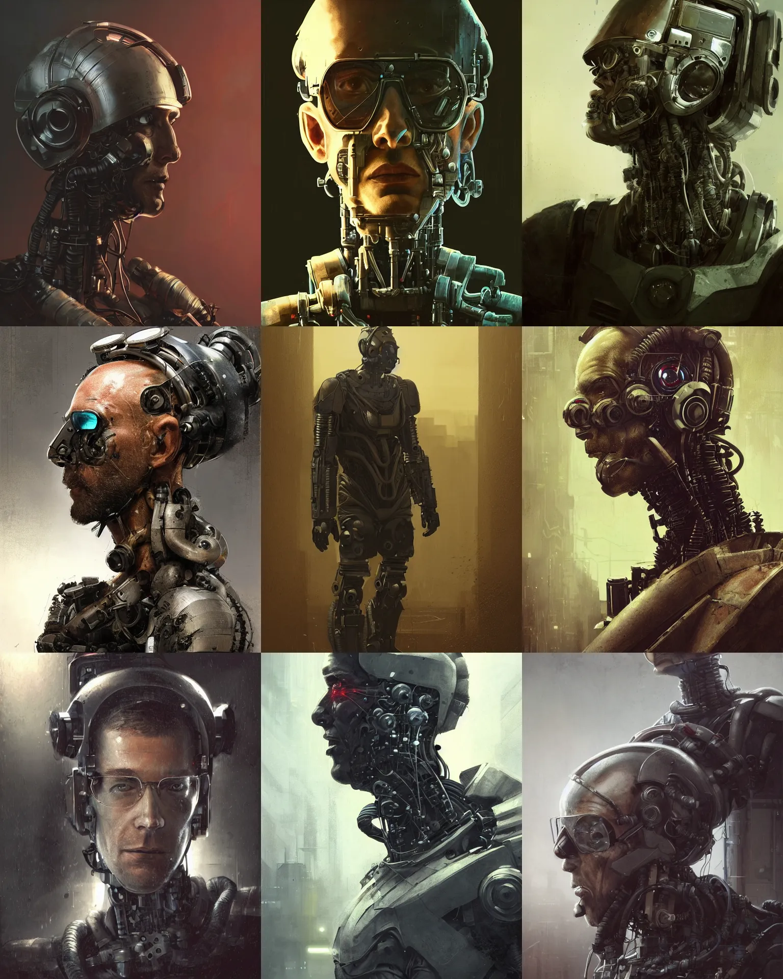 Prompt: a half - masked rugged laboratory engineer man with cybernetic enhancements as seen from a distance, scifi character portrait by greg rutkowski, esuthio, craig mullins, 1 / 4 headshot, cinematic lighting, dystopian scifi gear, gloomy, profile picture, mechanical, half robot, implants, solarpunk