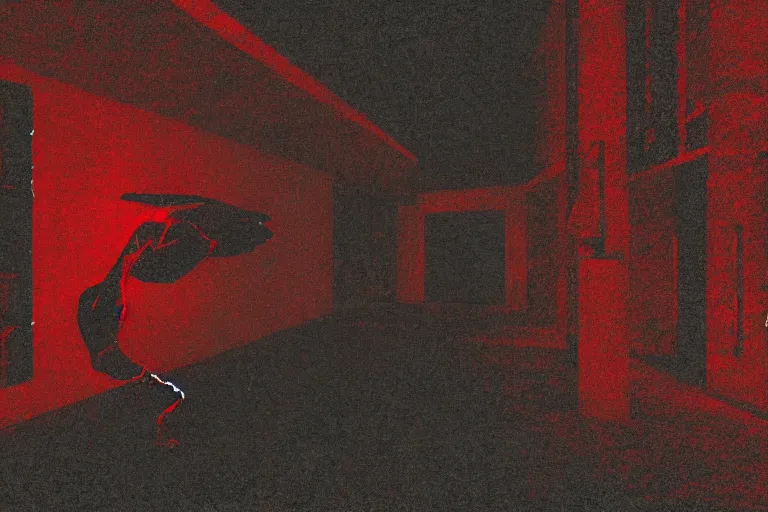 Image similar to cctv footage of an extremely dark empty room with evil horror cryptid monster made out of static, dark deep black shadows, crimson red and black color contrast in the style of trevor henderson and james ensor goya, liminal space, 3 d render, glitch effect