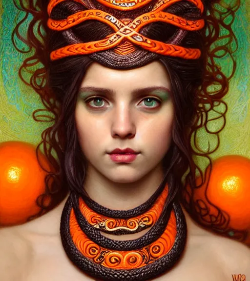 Image similar to portrait of teenage medusa, bald, raised eyebrow, wicked smile, black snakes cover her head, wearing an embroidered orange tunic, intricate, elegant, copper and emerald jewelry, glowing lights, highly detailed, digital painting, artstation, concept art, smooth, sharp focus, illustration, art by wlop, mucha, artgerm, and greg rutkowski