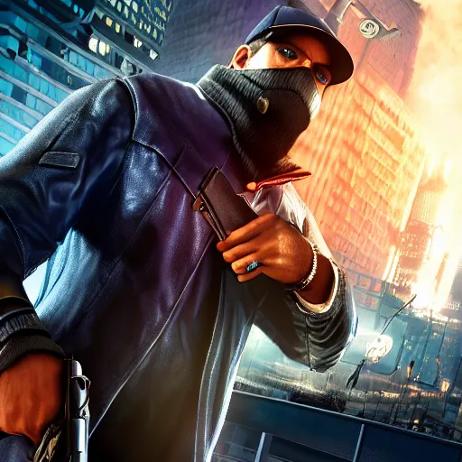 Prompt: Watch dogs game poster, futuristic, realistic, ultra hd, 4k, concept art, shooting a gun, explosions, sharp