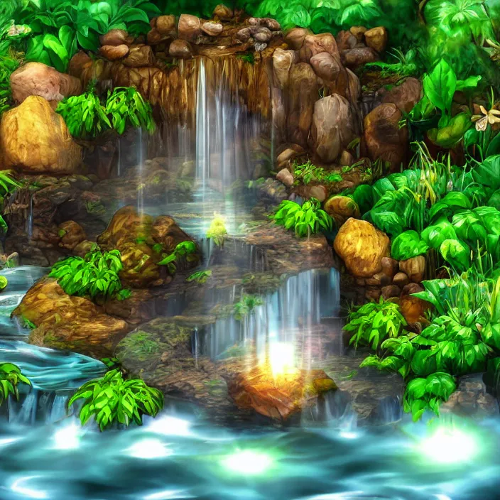 Prompt: Single waterfall with treasure hidden behind the water stream, photo realistic, glowing chest