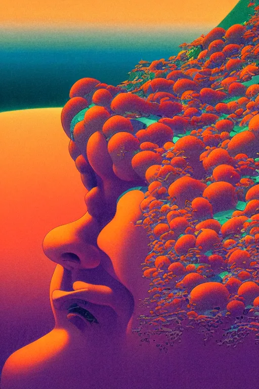 Prompt: close up portrait of flecks of an ultra-vibrant psychedelic dream, the hallucination of the gods by kawase hasui, moebius, Edward Hopper and James Gilleard, Zdzislaw Beksinski, Steven Outram, unreal engine, highly rendered, hd, 8k, artstation
