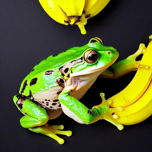 Image similar to a frog made of bananas, close - up professional photography, white background, studio lighting